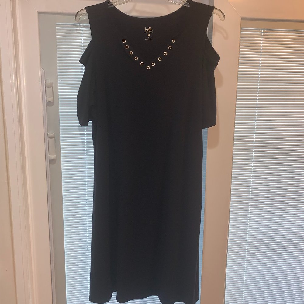 NWOT Belle By Kim Gravel TripleLuxe Knit Black Large Cold Shoulder Dress